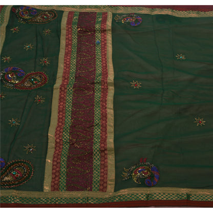Sanskriti Vintage Green Sarees Hand Beaded Georgette Craft Fabric Premium Sari