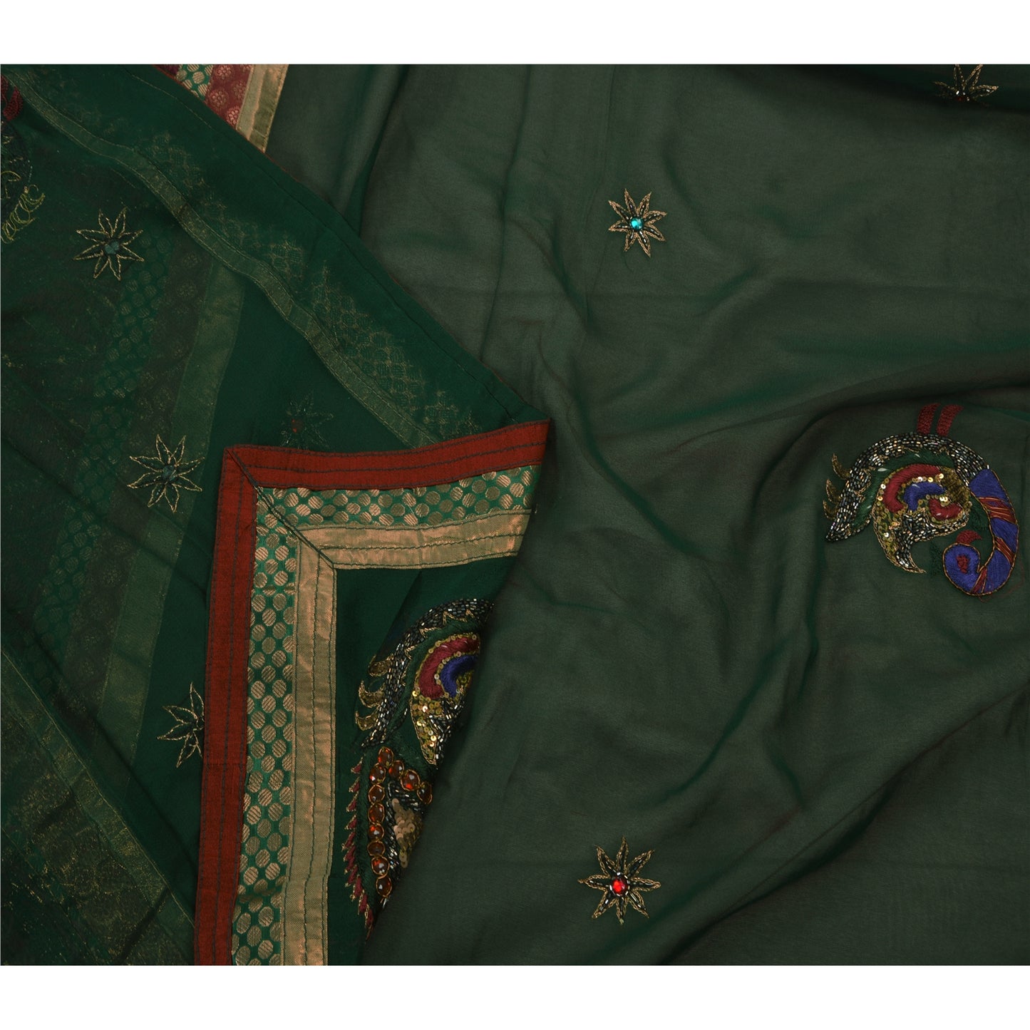 Sanskriti Vintage Green Sarees Hand Beaded Georgette Craft Fabric Premium Sari