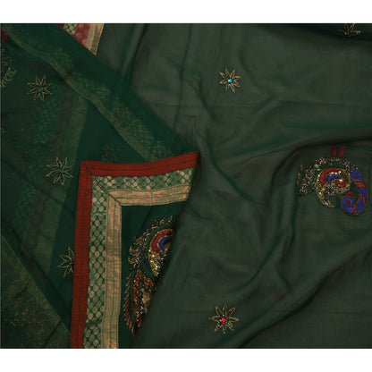 Sanskriti Vintage Green Sarees Hand Beaded Georgette Craft Fabric Premium Sari