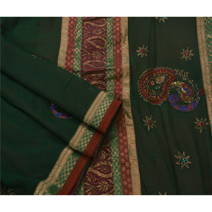 Sanskriti Vintage Green Sarees Hand Beaded Georgette Craft Fabric Premium Sari