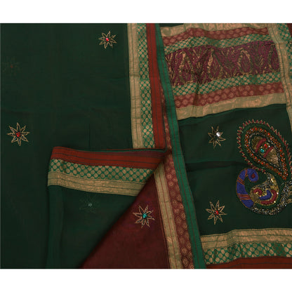 Sanskriti Vintage Green Sarees Hand Beaded Georgette Craft Fabric Premium Sari