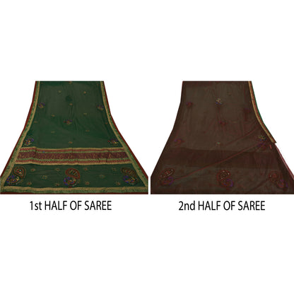 Sanskriti Vintage Green Sarees Hand Beaded Georgette Craft Fabric Premium Sari