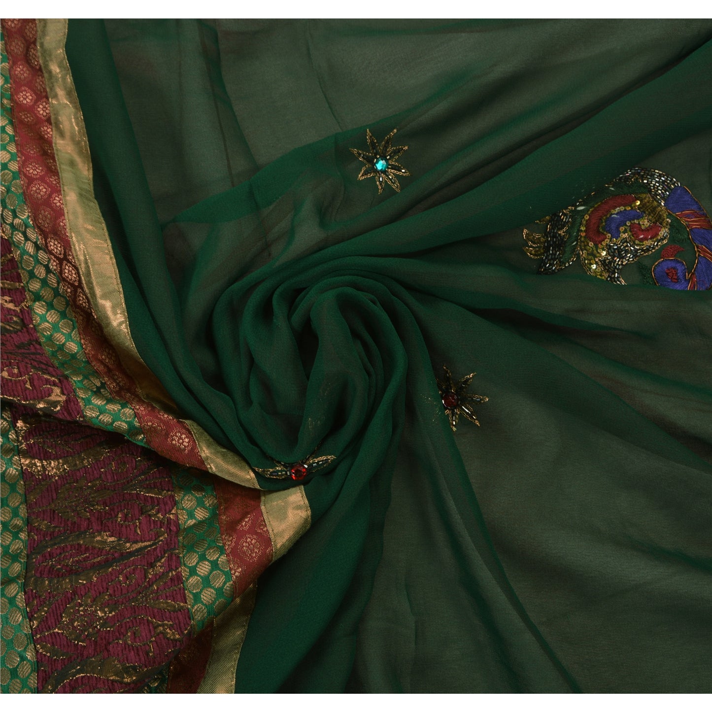 Sanskriti Vintage Green Sarees Hand Beaded Georgette Craft Fabric Premium Sari