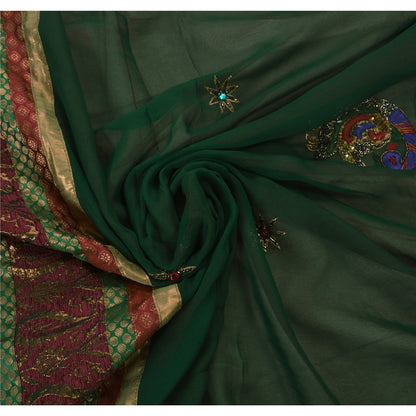 Sanskriti Vintage Green Sarees Hand Beaded Georgette Craft Fabric Premium Sari