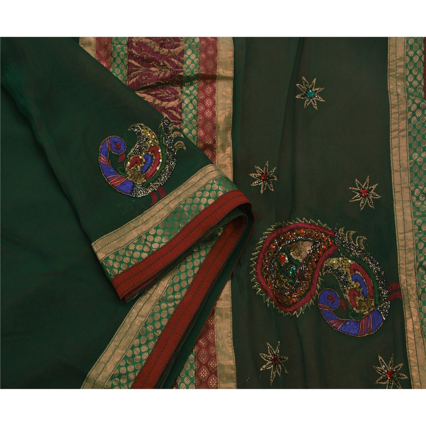 Sanskriti Vintage Green Sarees Hand Beaded Georgette Craft Fabric Premium Sari