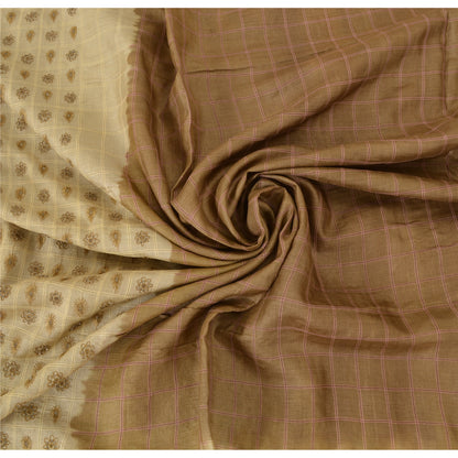 Sanskriti Vintage Brown/Cream Sarees Pure Silk Hand Beaded Sari 5yd Craft Fabric