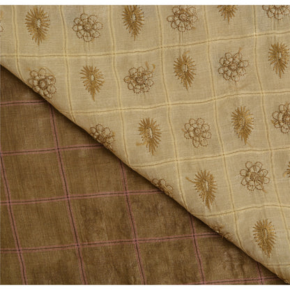 Sanskriti Vintage Brown/Cream Sarees Pure Silk Hand Beaded Sari 5yd Craft Fabric