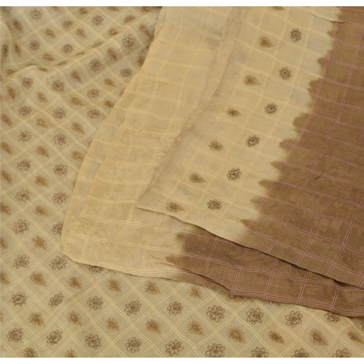 Sanskriti Vintage Brown/Cream Sarees Pure Silk Hand Beaded Sari 5yd Craft Fabric