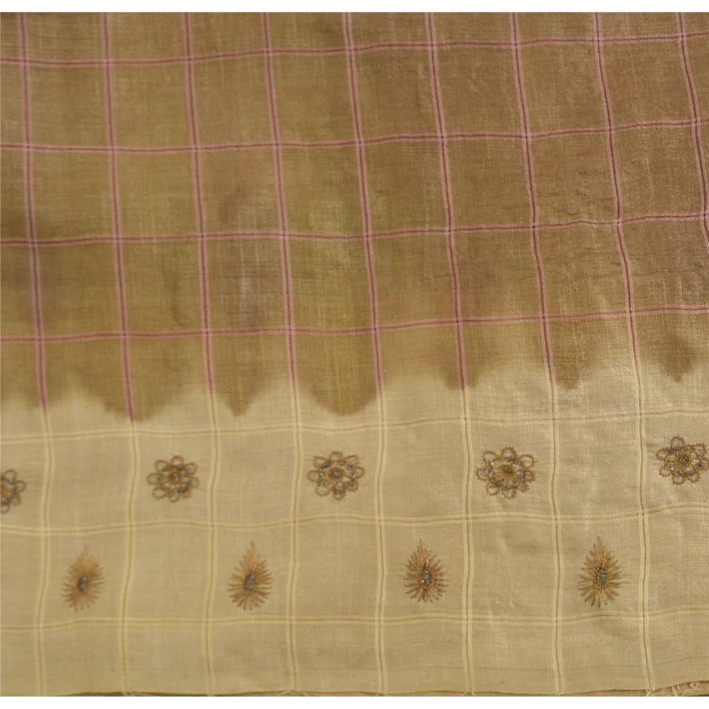 Sanskriti Vintage Brown/Cream Sarees Pure Silk Hand Beaded Sari 5yd Craft Fabric