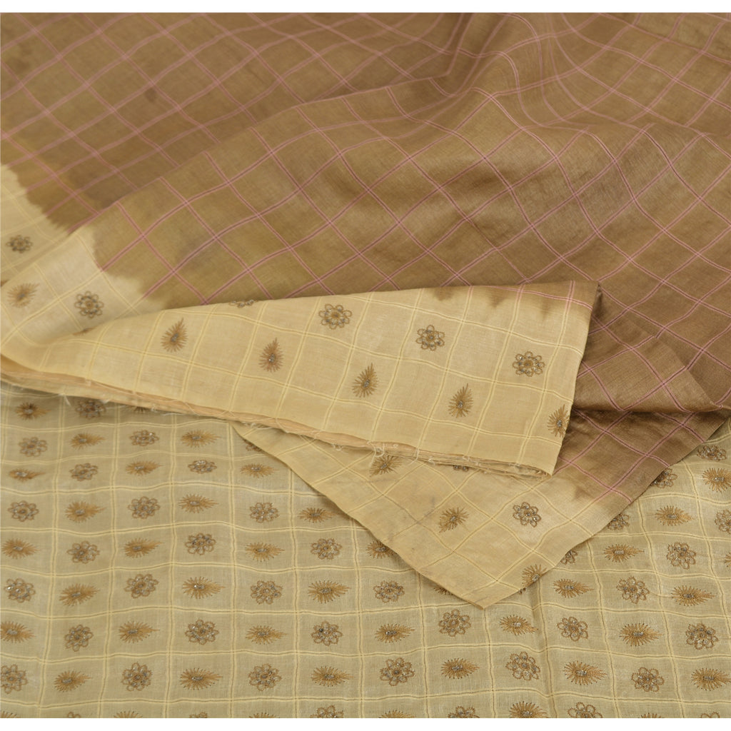 Sanskriti Vintage Brown/Cream Sarees Pure Silk Hand Beaded Sari 5yd Craft Fabric