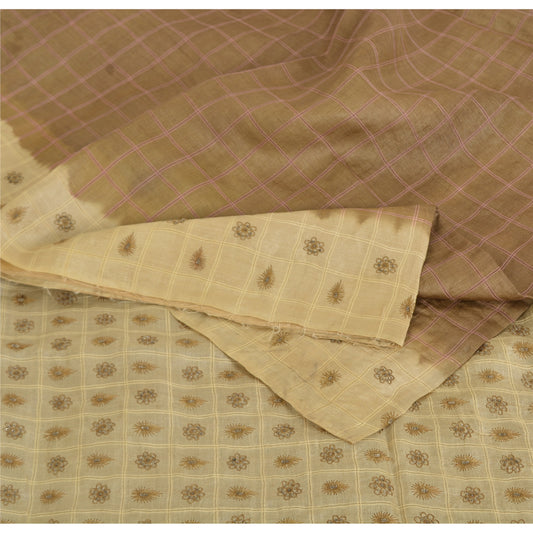 Sanskriti Vintage Brown/Cream Sarees Pure Silk Hand Beaded Sari 5yd Craft Fabric