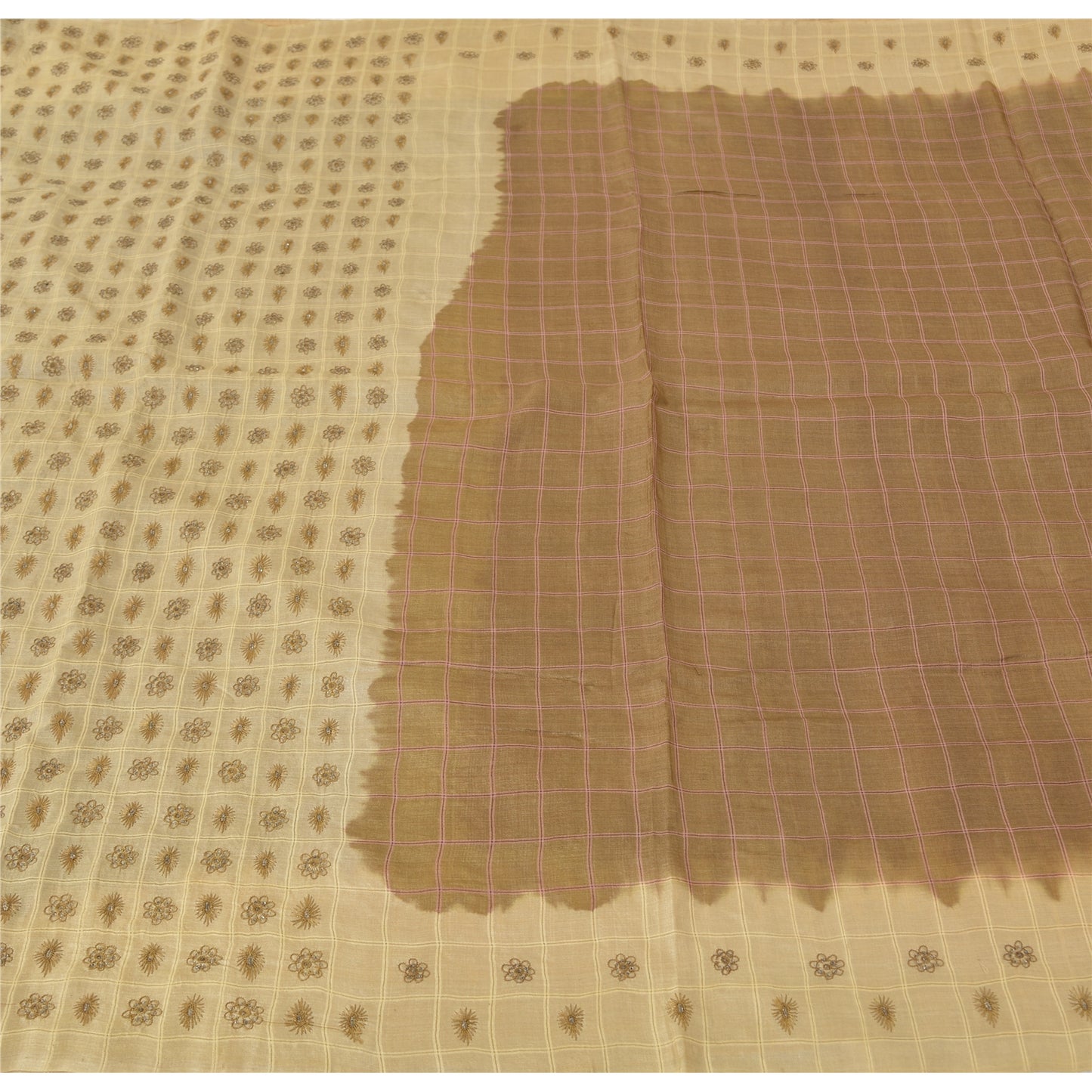 Sanskriti Vintage Brown/Cream Sarees Pure Silk Hand Beaded Sari 5yd Craft Fabric