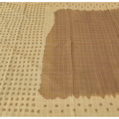 Sanskriti Vintage Brown/Cream Sarees Pure Silk Hand Beaded Sari 5yd Craft Fabric
