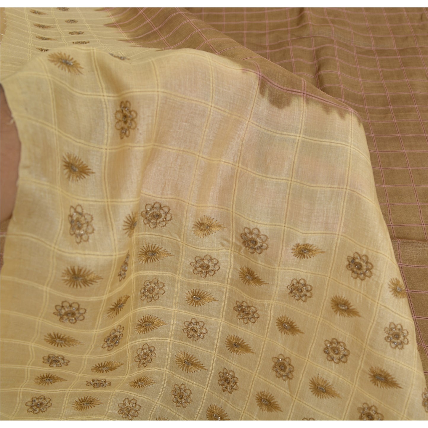 Sanskriti Vintage Brown/Cream Sarees Pure Silk Hand Beaded Sari 5yd Craft Fabric