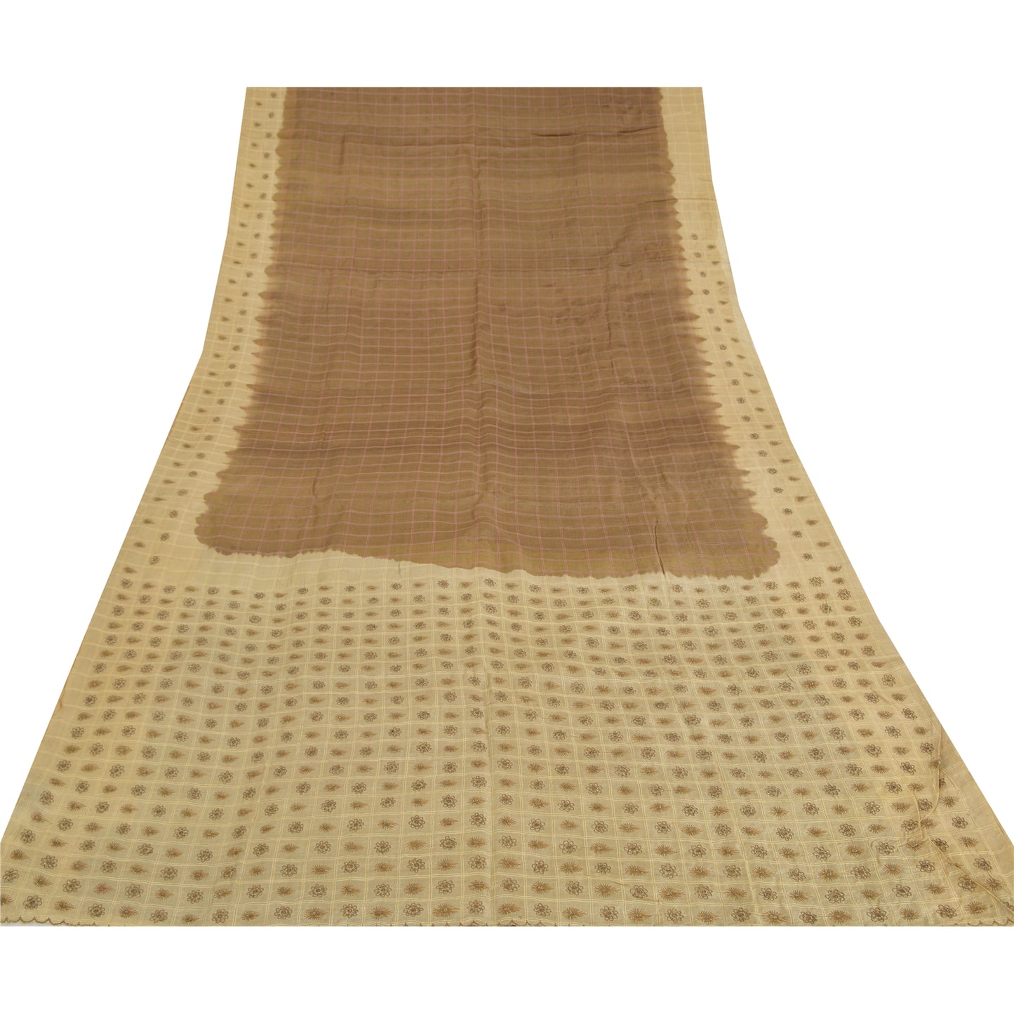 Sanskriti Vintage Brown/Cream Sarees Pure Silk Hand Beaded Sari 5yd Craft Fabric