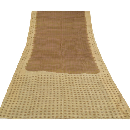 Sanskriti Vintage Brown/Cream Sarees Pure Silk Hand Beaded Sari 5yd Craft Fabric