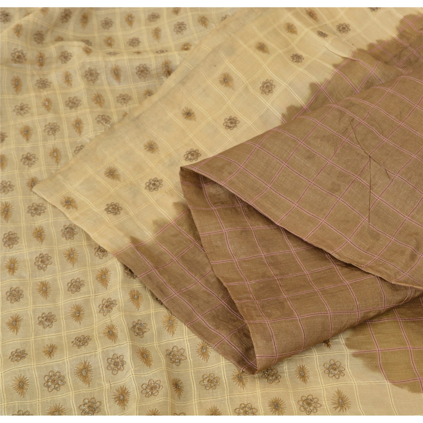 Sanskriti Vintage Brown/Cream Sarees Pure Silk Hand Beaded Sari 5yd Craft Fabric