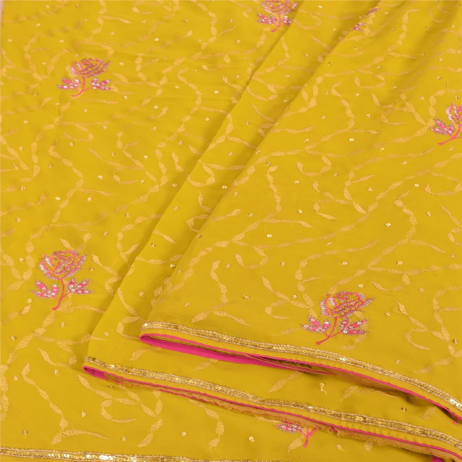 Sanskriti Vintage Yellow Sarees Georgette Hand Beaded Craft Fabric Ethnic Sari