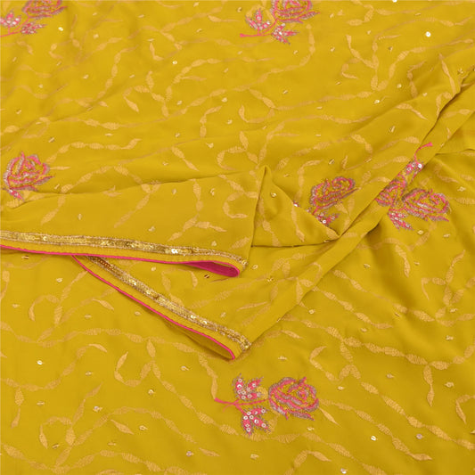 Sanskriti Vintage Yellow Sarees Georgette Hand Beaded Craft Fabric Ethnic Sari