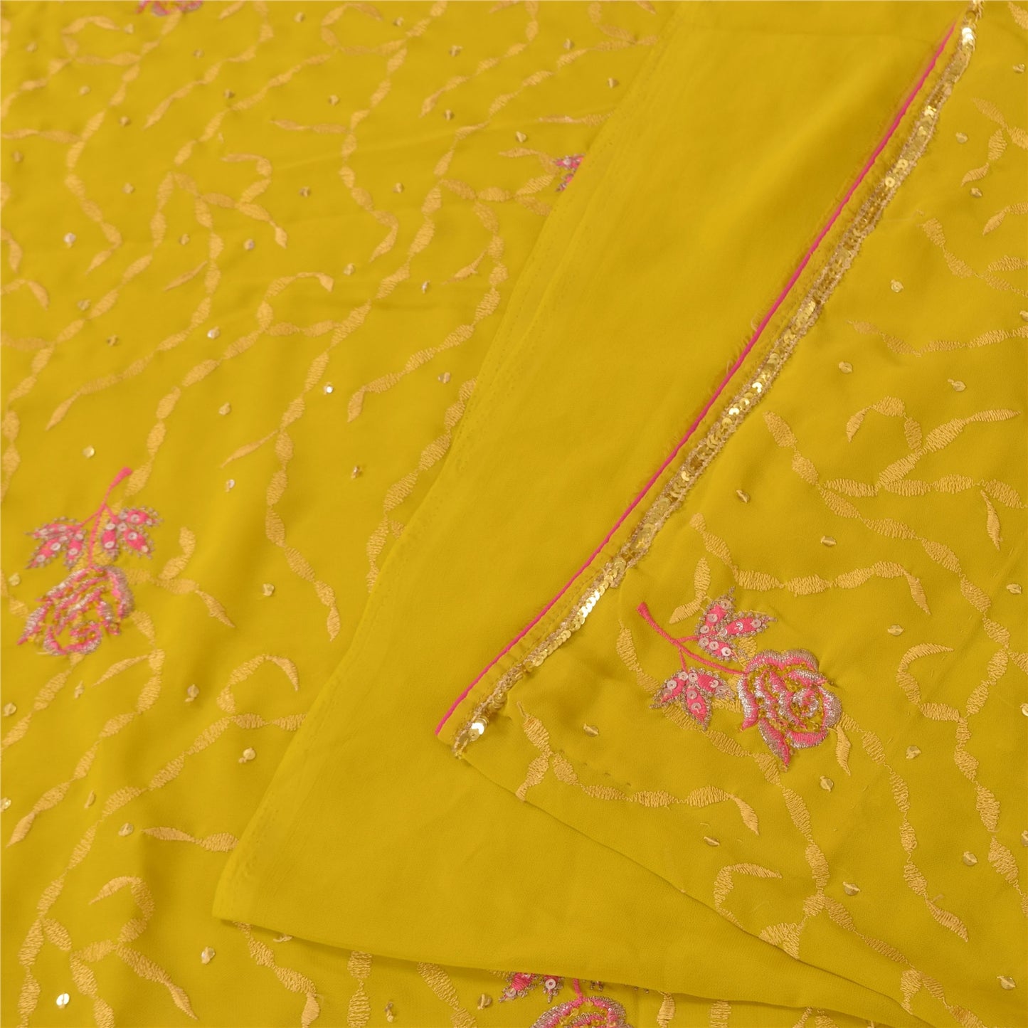 Sanskriti Vintage Yellow Sarees Georgette Hand Beaded Craft Fabric Ethnic Sari