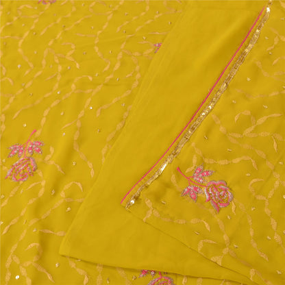 Sanskriti Vintage Yellow Sarees Georgette Hand Beaded Craft Fabric Ethnic Sari