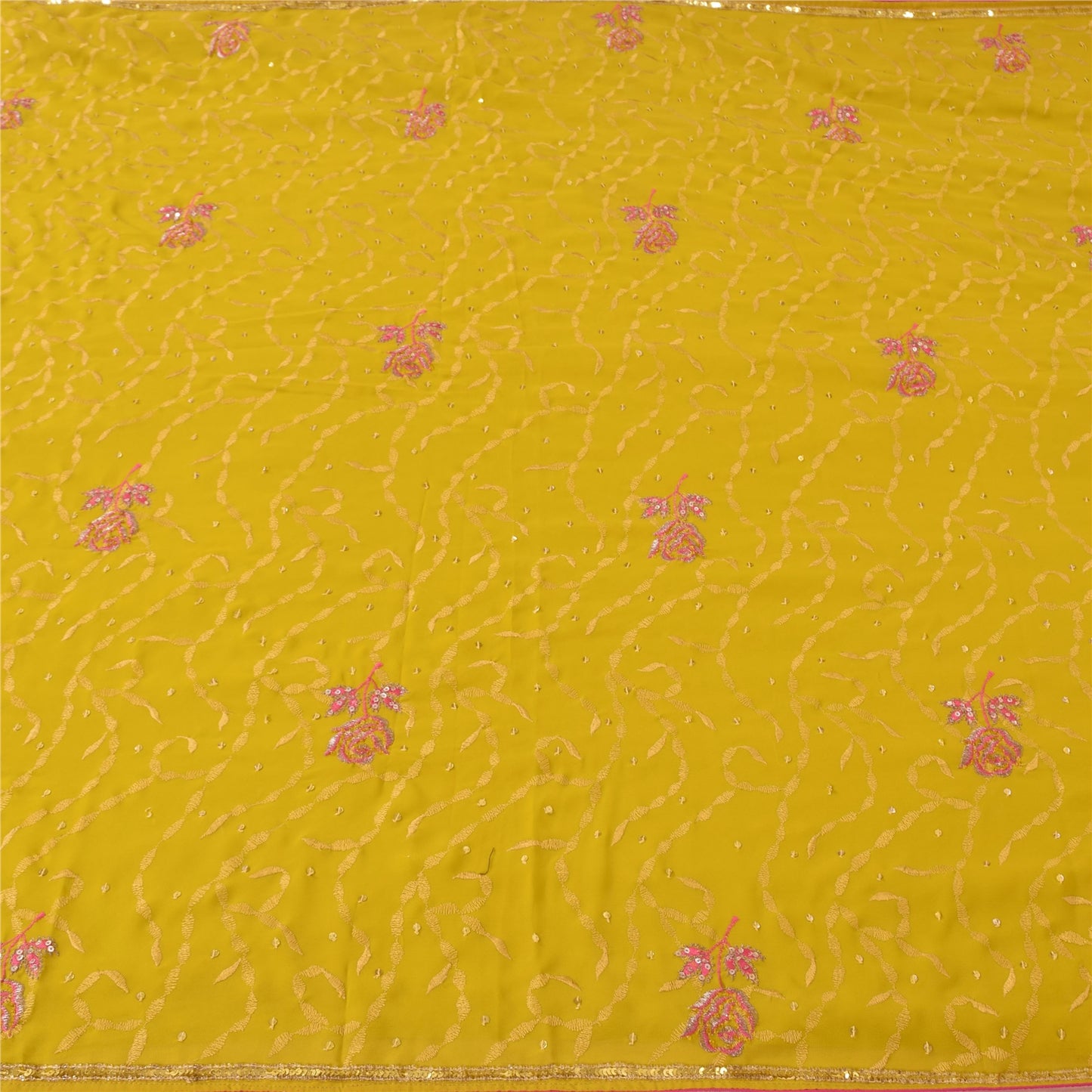 Sanskriti Vintage Yellow Sarees Georgette Hand Beaded Craft Fabric Ethnic Sari