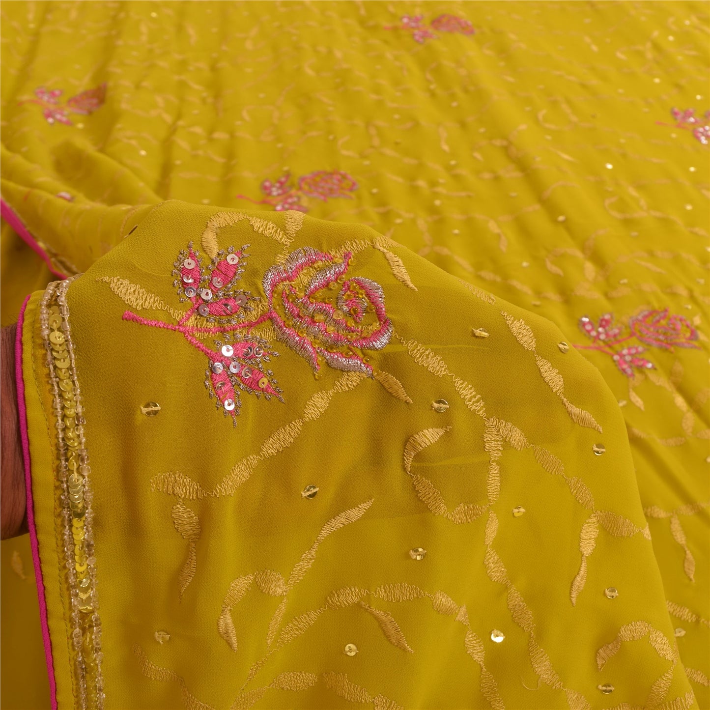 Sanskriti Vintage Yellow Sarees Georgette Hand Beaded Craft Fabric Ethnic Sari