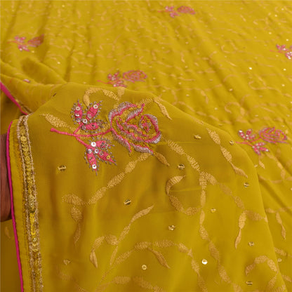 Sanskriti Vintage Yellow Sarees Georgette Hand Beaded Craft Fabric Ethnic Sari