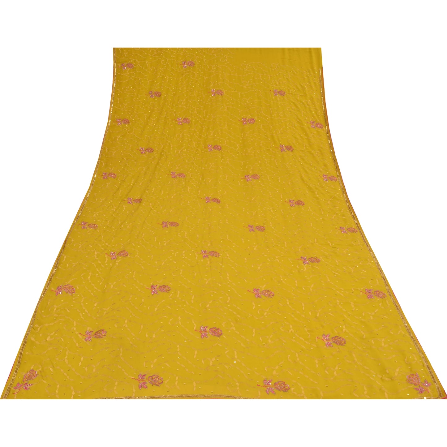Sanskriti Vintage Yellow Sarees Georgette Hand Beaded Craft Fabric Ethnic Sari