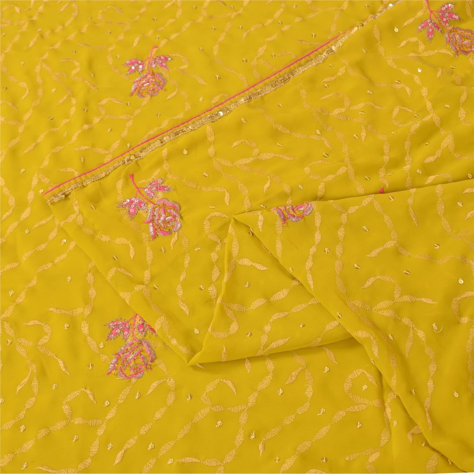 Sanskriti Vintage Yellow Sarees Georgette Hand Beaded Craft Fabric Ethnic Sari