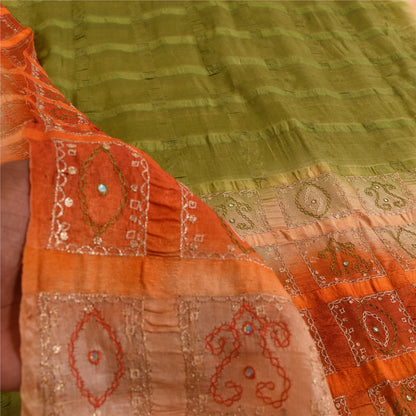 Sanskriti Vintage Green Sarees 100% Pure Silk Hand Embroidered Craft Fabric Sari