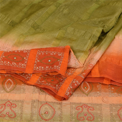 Sanskriti Vintage Green Sarees 100% Pure Silk Hand Embroidered Craft Fabric Sari