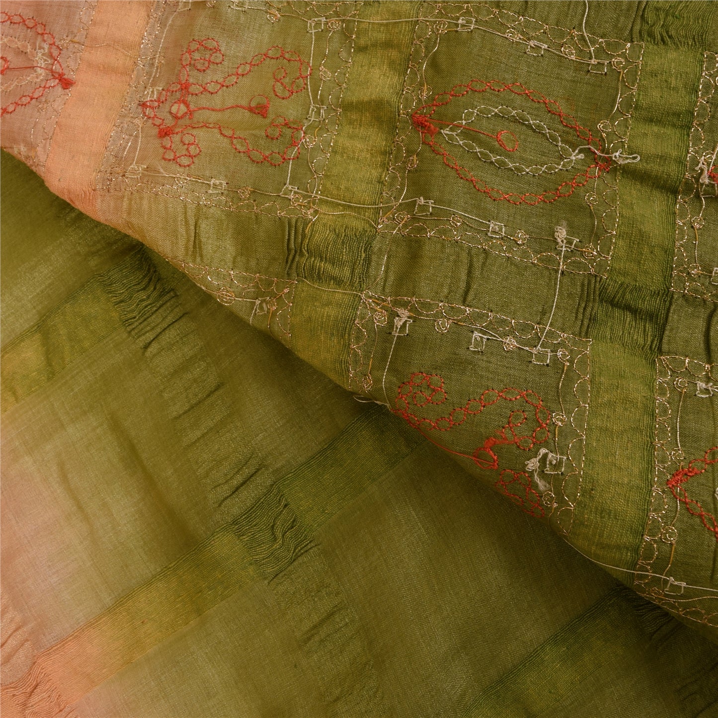 Sanskriti Vintage Green Sarees 100% Pure Silk Hand Embroidered Craft Fabric Sari