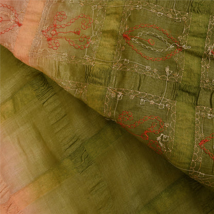 Sanskriti Vintage Green Sarees 100% Pure Silk Hand Embroidered Craft Fabric Sari
