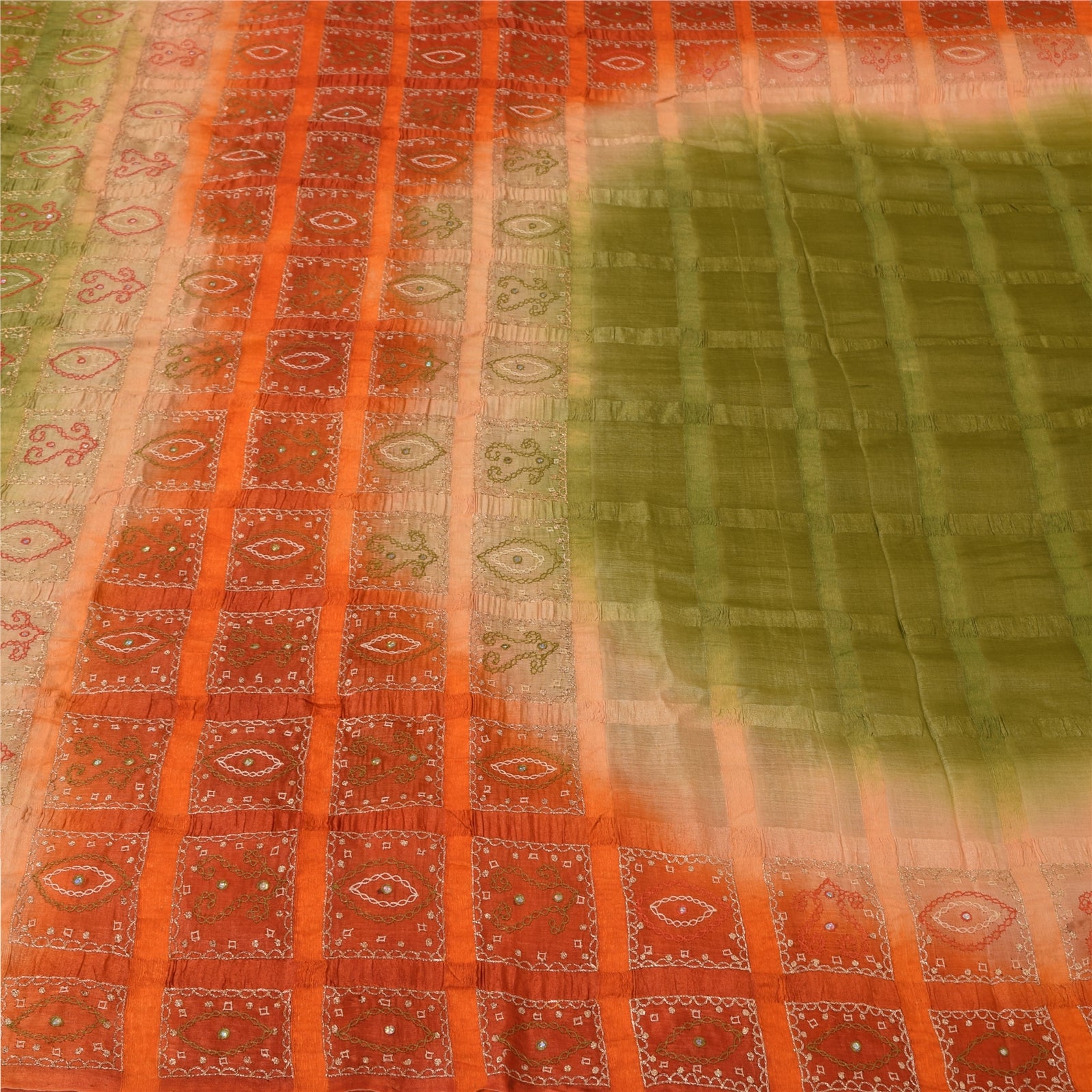 Sanskriti Vintage Green Sarees 100% Pure Silk Hand Embroidered Craft Fabric Sari