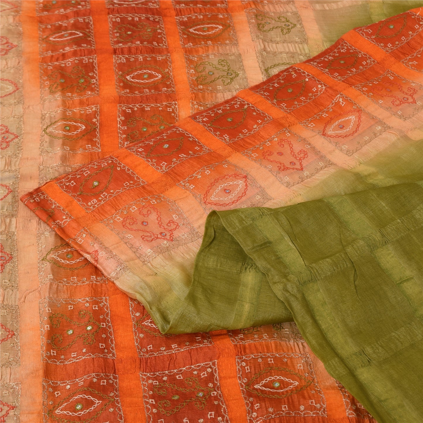 Sanskriti Vintage Green Sarees 100% Pure Silk Hand Embroidered Craft Fabric Sari