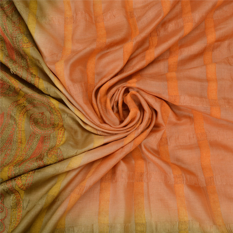 Sanskriti Vintage Peach/Green Saree Pure Silk Hand Embroidered Sustainable Fabric Craft Sari