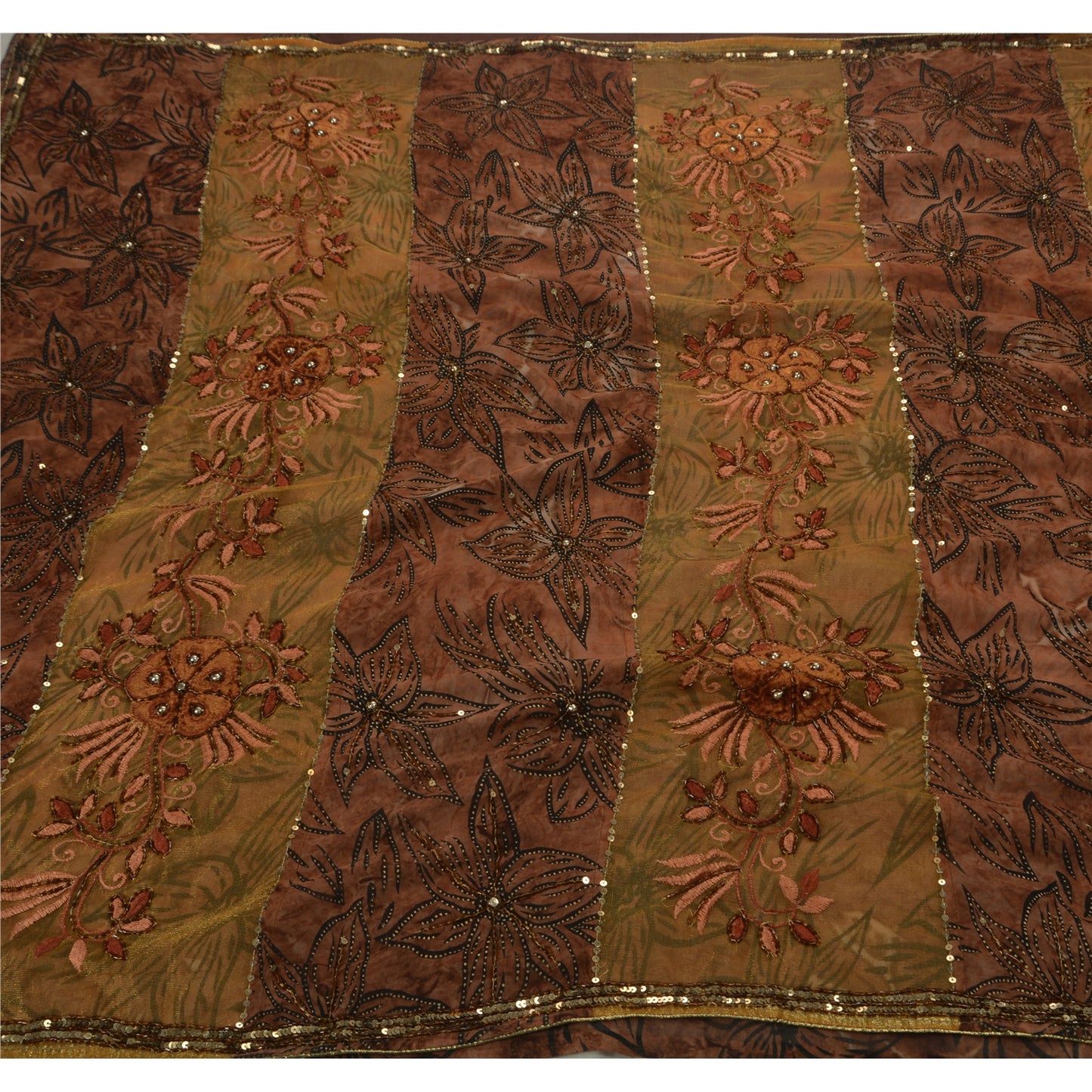 Sanskriti Vintage Indian Brown Sarees Georgette Hand Beaded Craft Fabric Sari