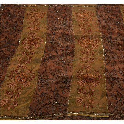 Sanskriti Vintage Indian Brown Sarees Georgette Hand Beaded Craft Fabric Sari
