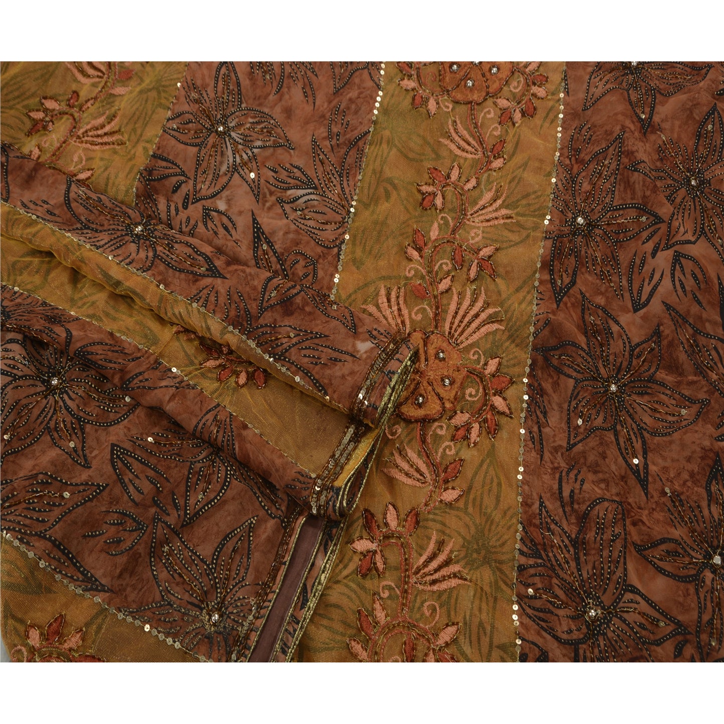 Sanskriti Vintage Indian Brown Sarees Georgette Hand Beaded Craft Fabric Sari
