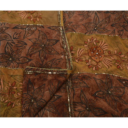 Sanskriti Vintage Indian Brown Sarees Georgette Hand Beaded Craft Fabric Sari