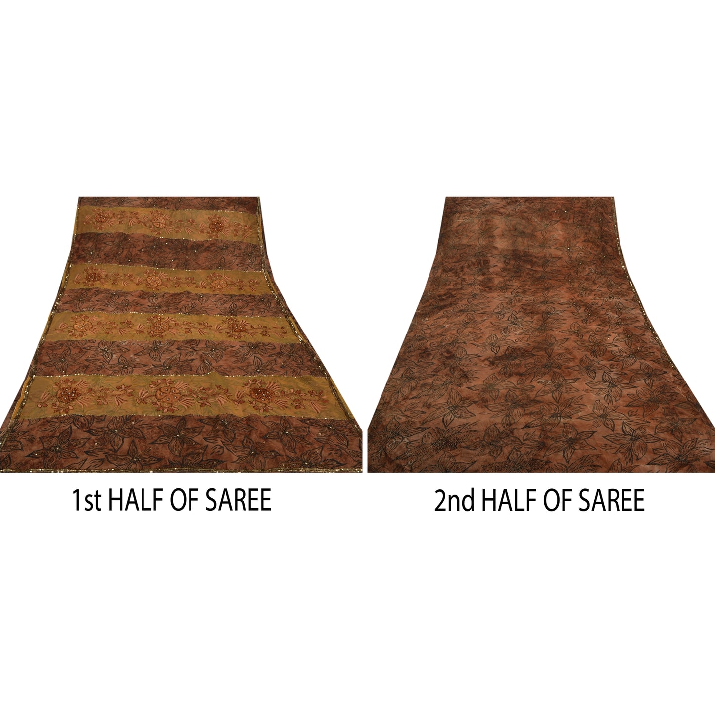 Sanskriti Vintage Indian Brown Sarees Georgette Hand Beaded Craft Fabric Sari