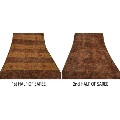 Sanskriti Vintage Indian Brown Sarees Georgette Hand Beaded Craft Fabric Sari