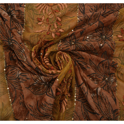 Sanskriti Vintage Indian Brown Sarees Georgette Hand Beaded Craft Fabric Sari