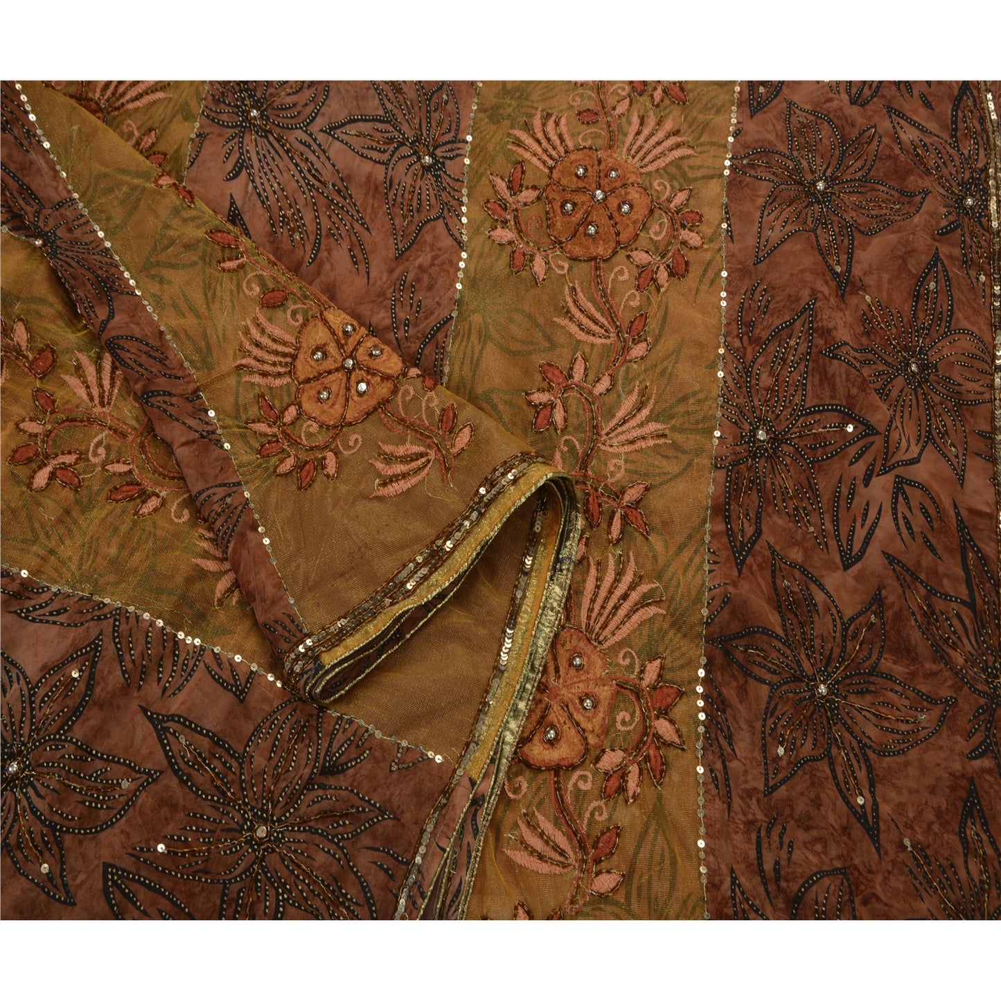 Sanskriti Vintage Indian Brown Sarees Georgette Hand Beaded Craft Fabric Sari