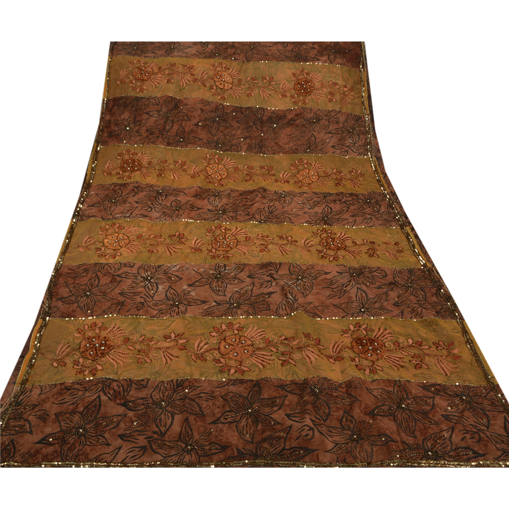 Sanskriti Vintage Indian Brown Sarees Georgette Hand Beaded Craft Fabric Sari