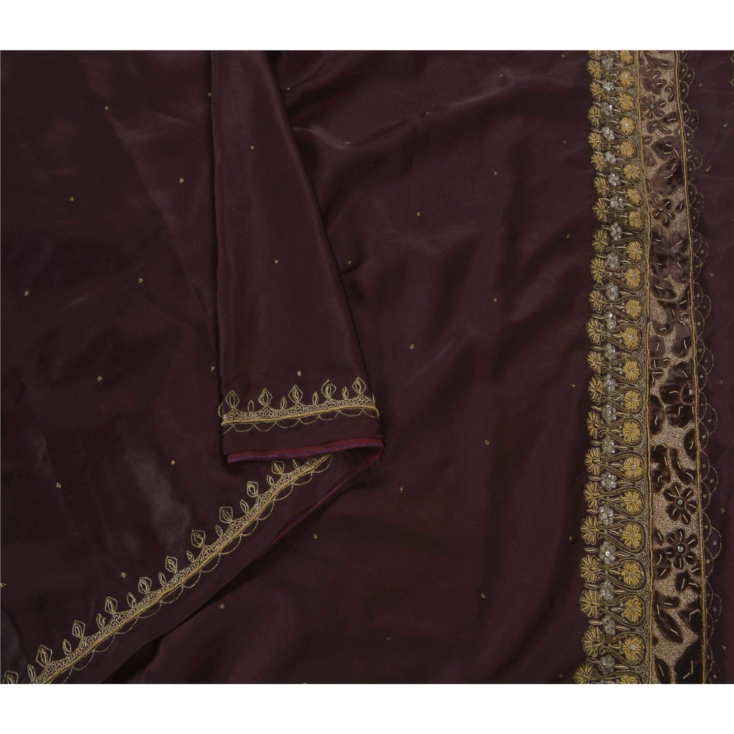 Sanskriti Vintage Indian Sari Purple Satin Hand Beaded Sarees Craft 5 YD Fabric