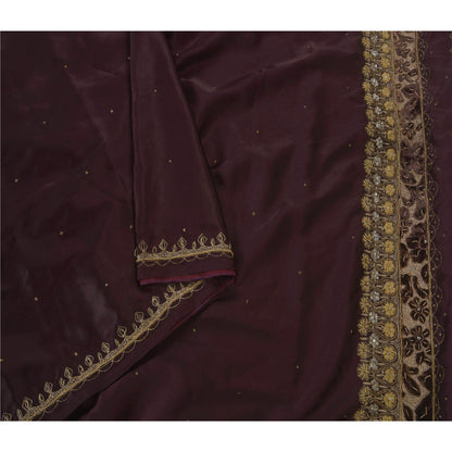 Sanskriti Vintage Indian Sari Purple Satin Hand Beaded Sarees Craft 5 YD Fabric
