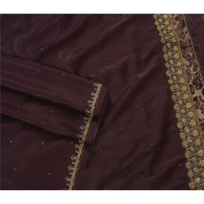 Sanskriti Vintage Indian Sari Purple Satin Hand Beaded Sarees Craft 5 YD Fabric
