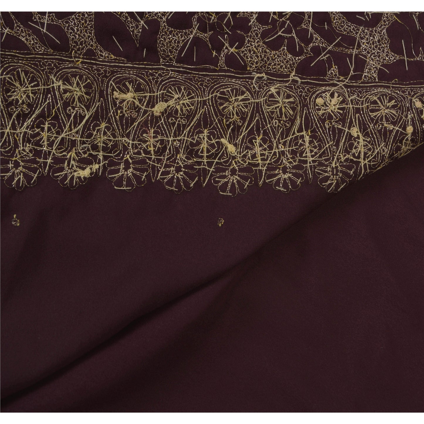 Sanskriti Vintage Indian Sari Purple Satin Hand Beaded Sarees Craft 5 YD Fabric
